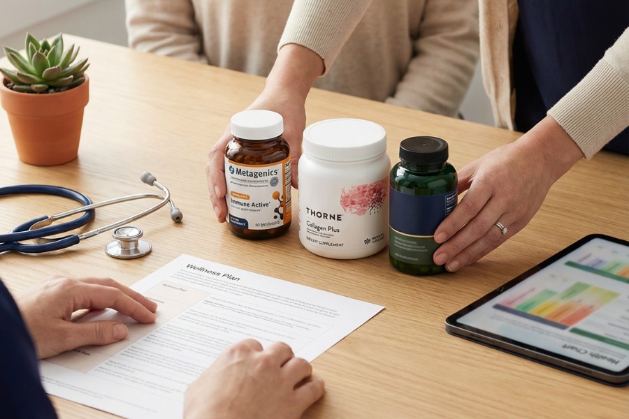 Healthcare practitioner and patient reviewing supplements and wellness plan